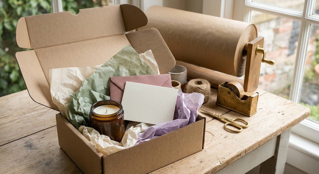 Packing table with tissue paper, ribbon and gift boxes