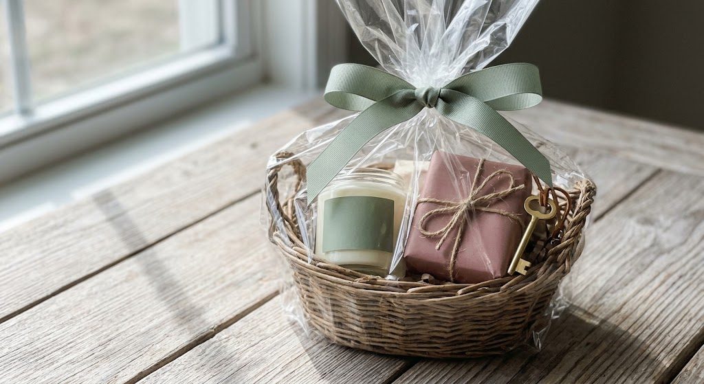 Hands arranging a gift basket