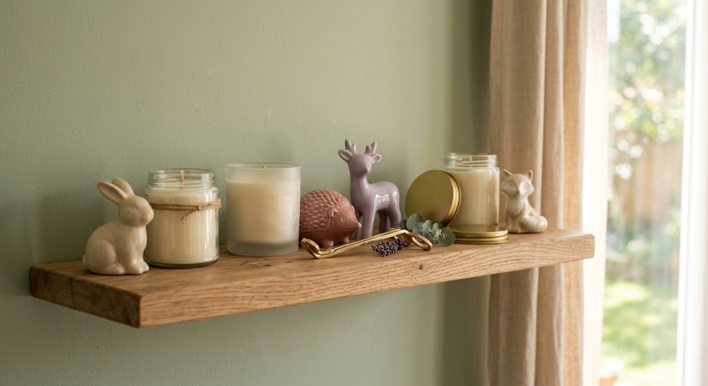 Shelf with candles and small ceramic animals