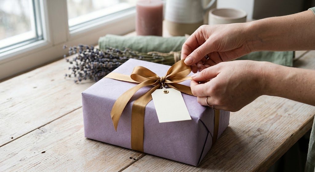 Gift wrapped in kraft paper with ribbon and greenery