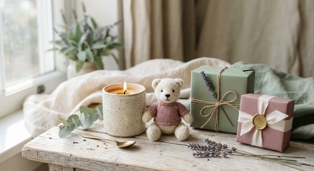 Arrangement of candles, a mini plush toy and a gift box